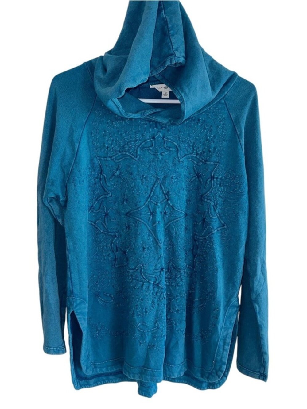 Lucky Lotus Womens M Pullover Hoodie Embroidered Teal U-Hem Long Sleeves Boho